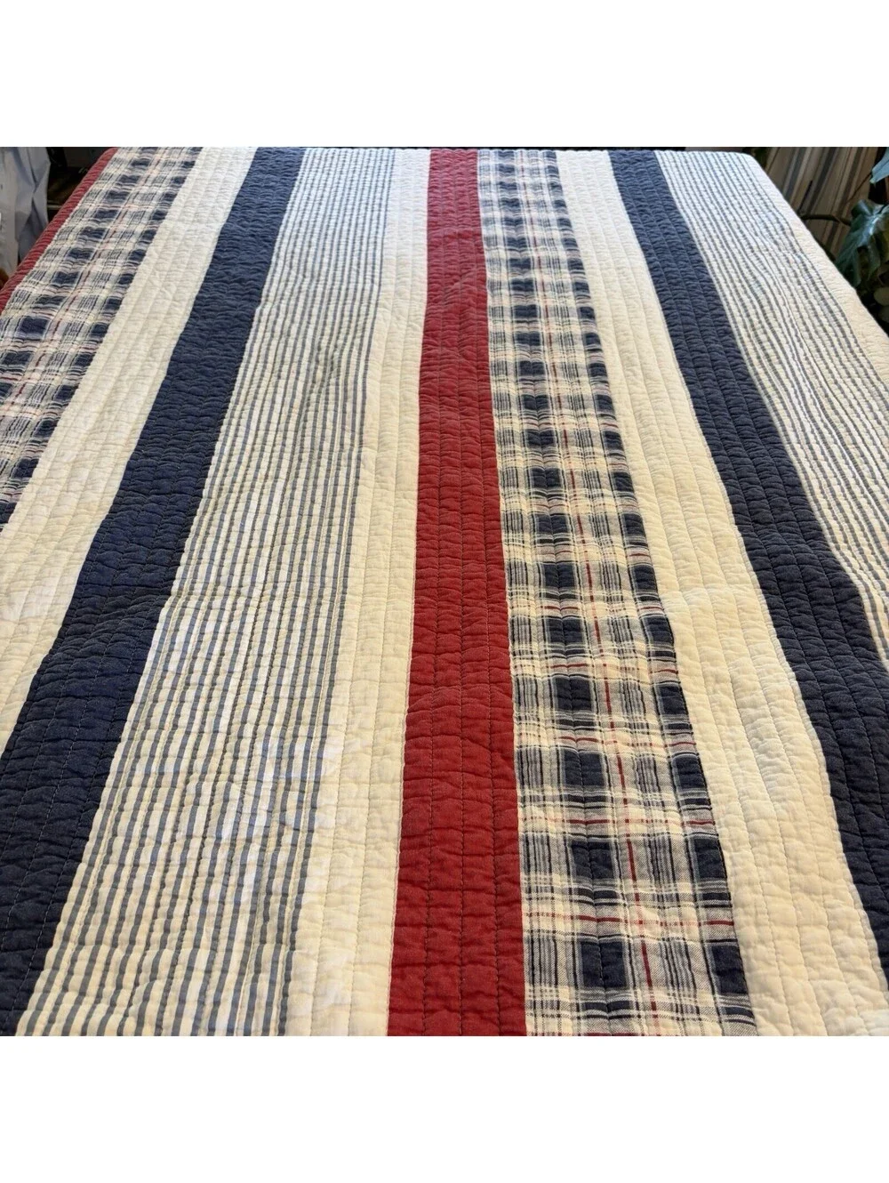 Cotton Quilt Twin Red White Blue Stripe And Plaid Comfy And Preowned Well Loved